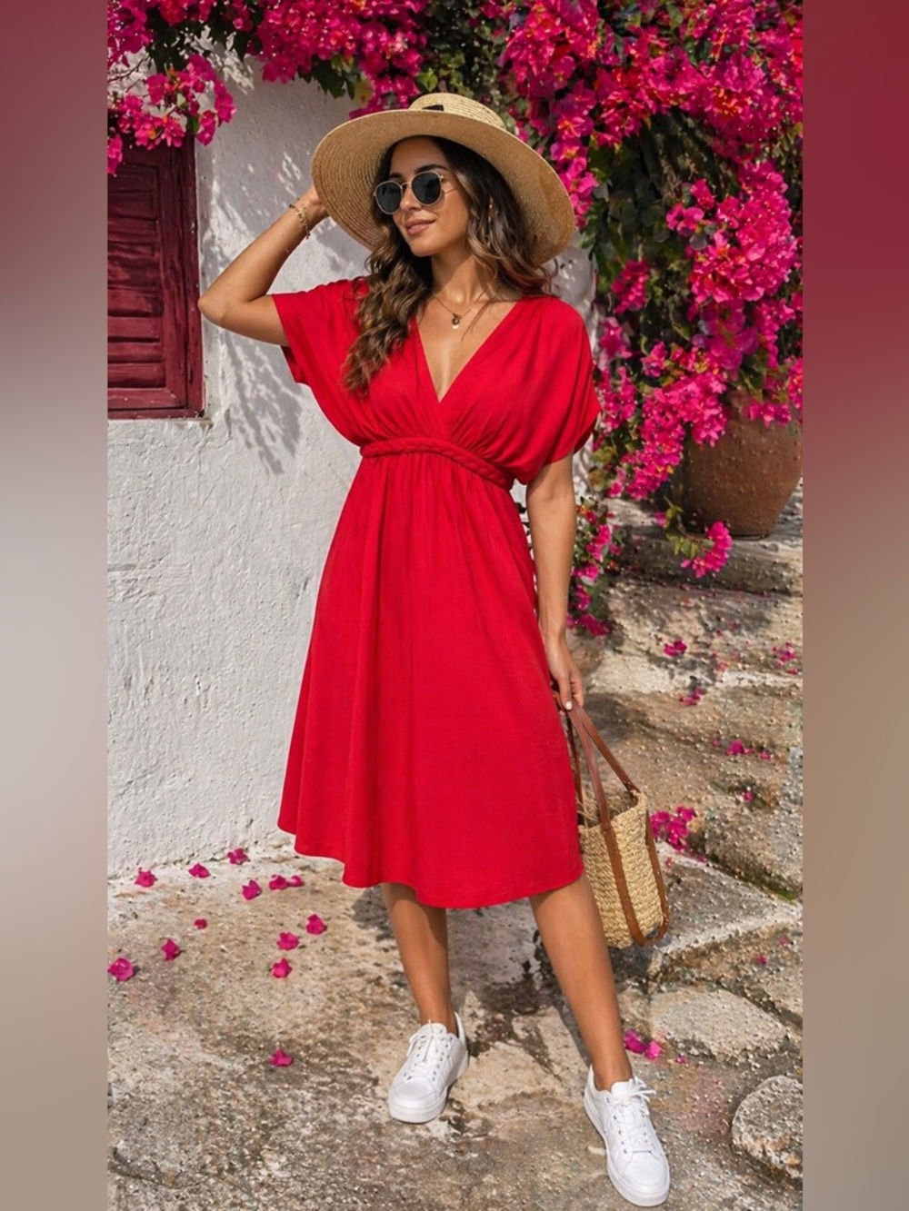 Red dress S Gilli summer sexy V neckline flowy holiday outfit